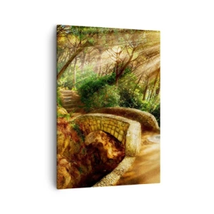 Impression sur toile - Image sur toile - Paysage forestier avec des rayons de soleil et un pont de pierre - 50x70cm - Directement du pont dans une forêt de conte de fées - Décoration murale moderne pour le salon et la chambre ARTTOR