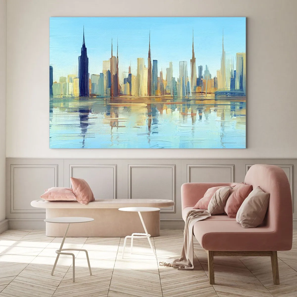 Impression sur verre - Image sur verre - Un panorama de la métropole reflété dans l'eau sous un ciel bleu - 100x70cm - Une métropole ensoleillée - Décoration murale moderne pour le salon et la chambre ARTTOR
