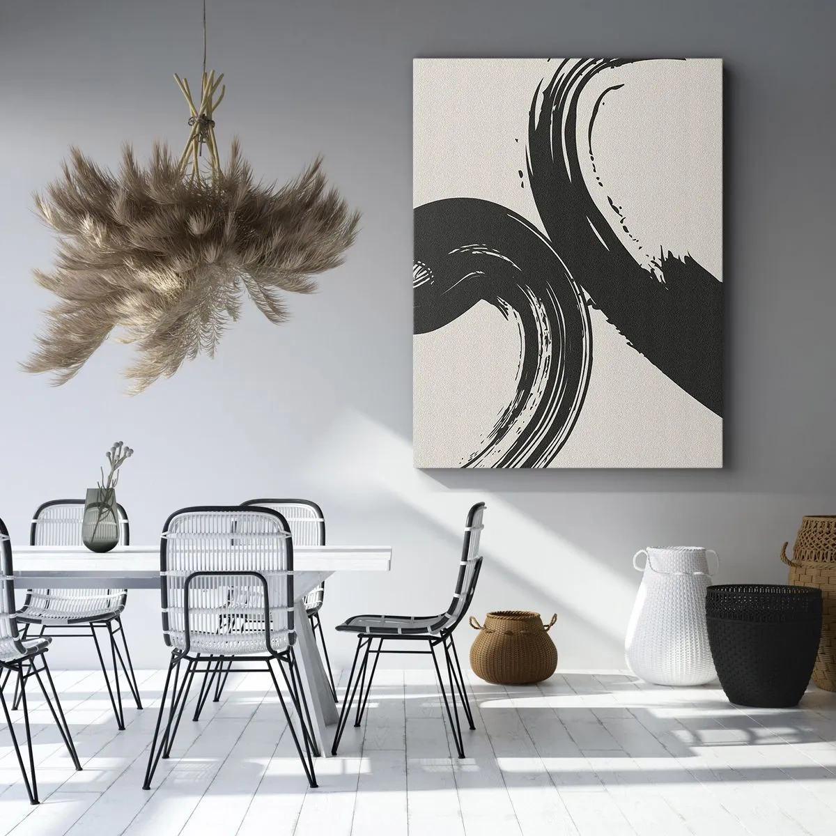 Impression sur toile - Image sur toile - Coups de pinceau dynamiques en noir sur fond clair - 70x100cm - Balayage circulaire - Décoration murale moderne pour le salon et la chambre ARTTOR
