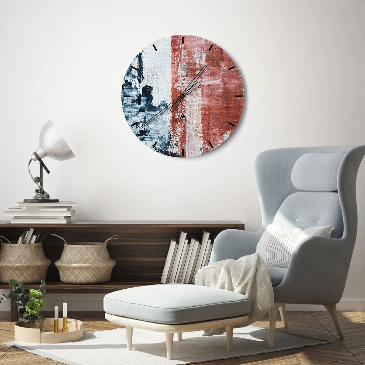 Horloge murale - Pendule murale - Composition abstraite dans les tons de bleu et de rouge - 30x30cm - Moitié-moitié abstrait - Décoration murale moderne pour le salon, la cuisine et la chambre ARTTOR