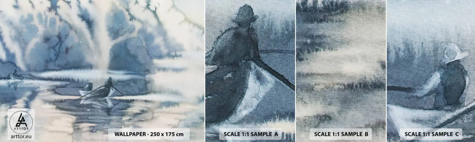 Échantillon de Papier Peint Autocollant Deluxe Sticker - Les pêcheurs dans leur paradis - Abstraction, Lac, Pêche - 100x30 cm