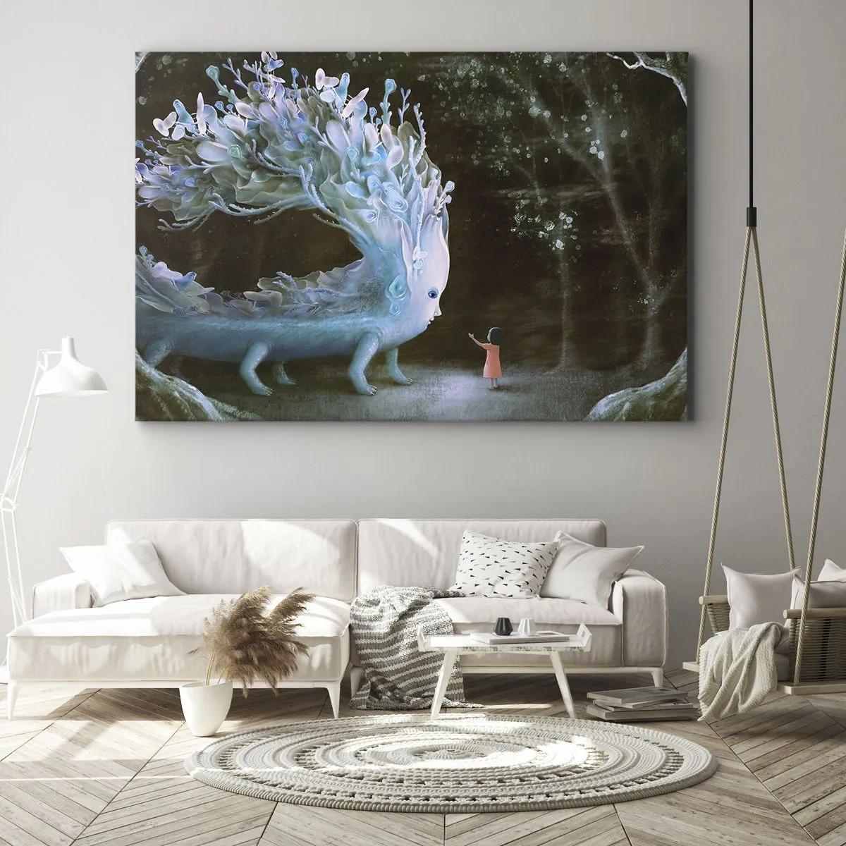 Impression sur toile - Image sur toile - La figure d'une fille face à une créature fantastique - 120x80cm - Une rencontre fantastique - Décoration murale moderne pour le salon et la chambre ARTTOR