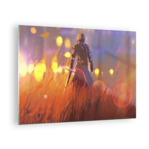 Impression sur verre - Image sur verre - Une silhouette en armure parmi l'herbe orange avec un fond lumineux. - 70x50cm - Chevalier errant - Décoration murale moderne pour le salon et la chambre ARTTOR