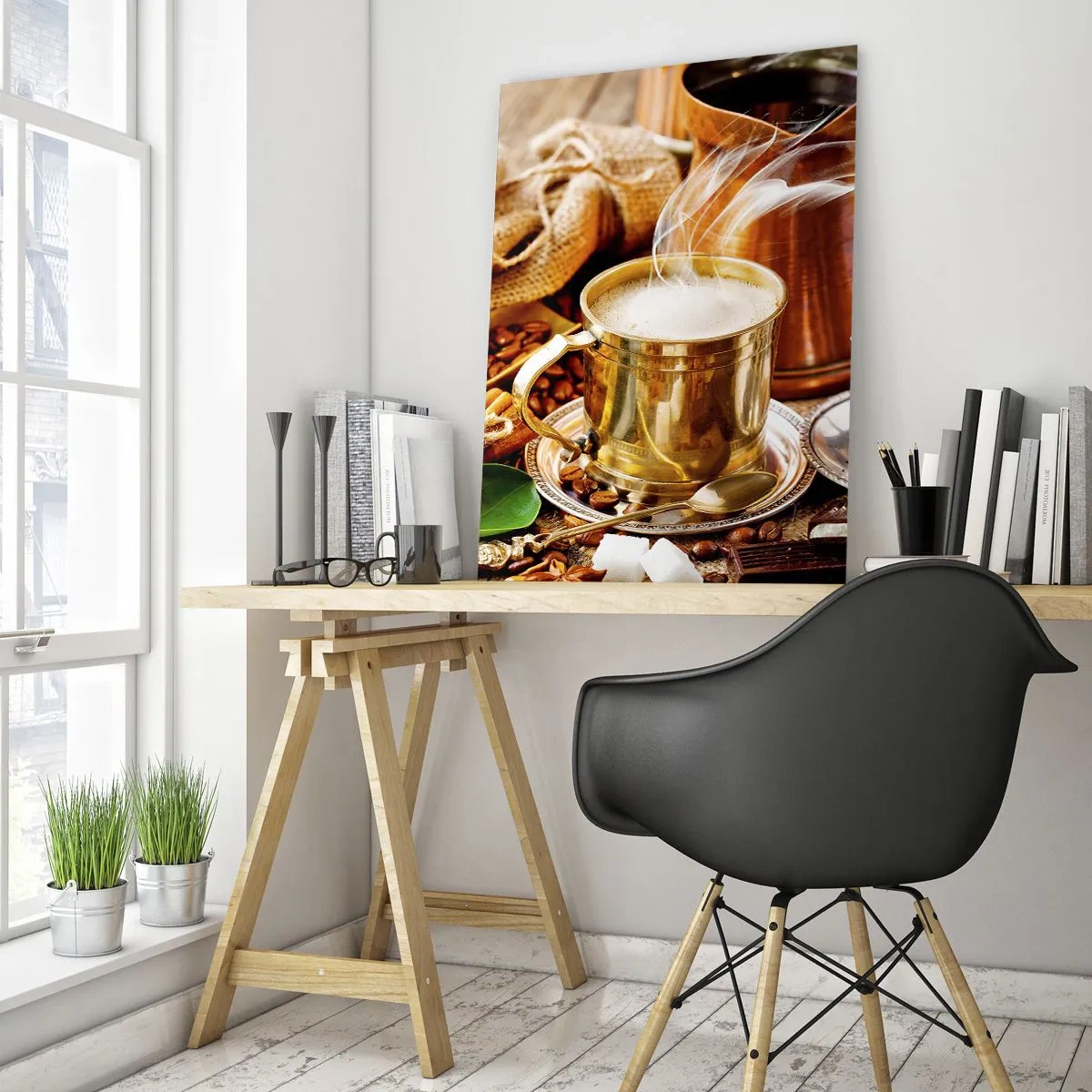 Impression sur verre - Image sur verre - Une tasse de café dorée entourée de grains, de cruches et de croissants - 80x120cm - Bonne journée! - Décoration murale moderne pour le salon et la chambre ARTTOR