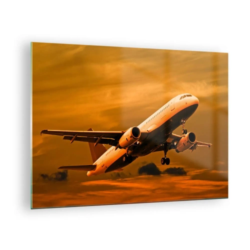 Impression sur verre - Image sur verre - Un avion décollant dans un ciel orange - 70x50cm - Vol vers le soleil - Décoration murale moderne pour le salon et la chambre ARTTOR