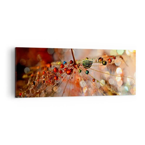 Impression sur toile - Image sur toile - Macrophotographie d'une goutte d'eau sur une plante délicate - 140x50cm - Enfilé sur un fil d'araignée - Décoration murale moderne pour le salon et la chambre ARTTOR