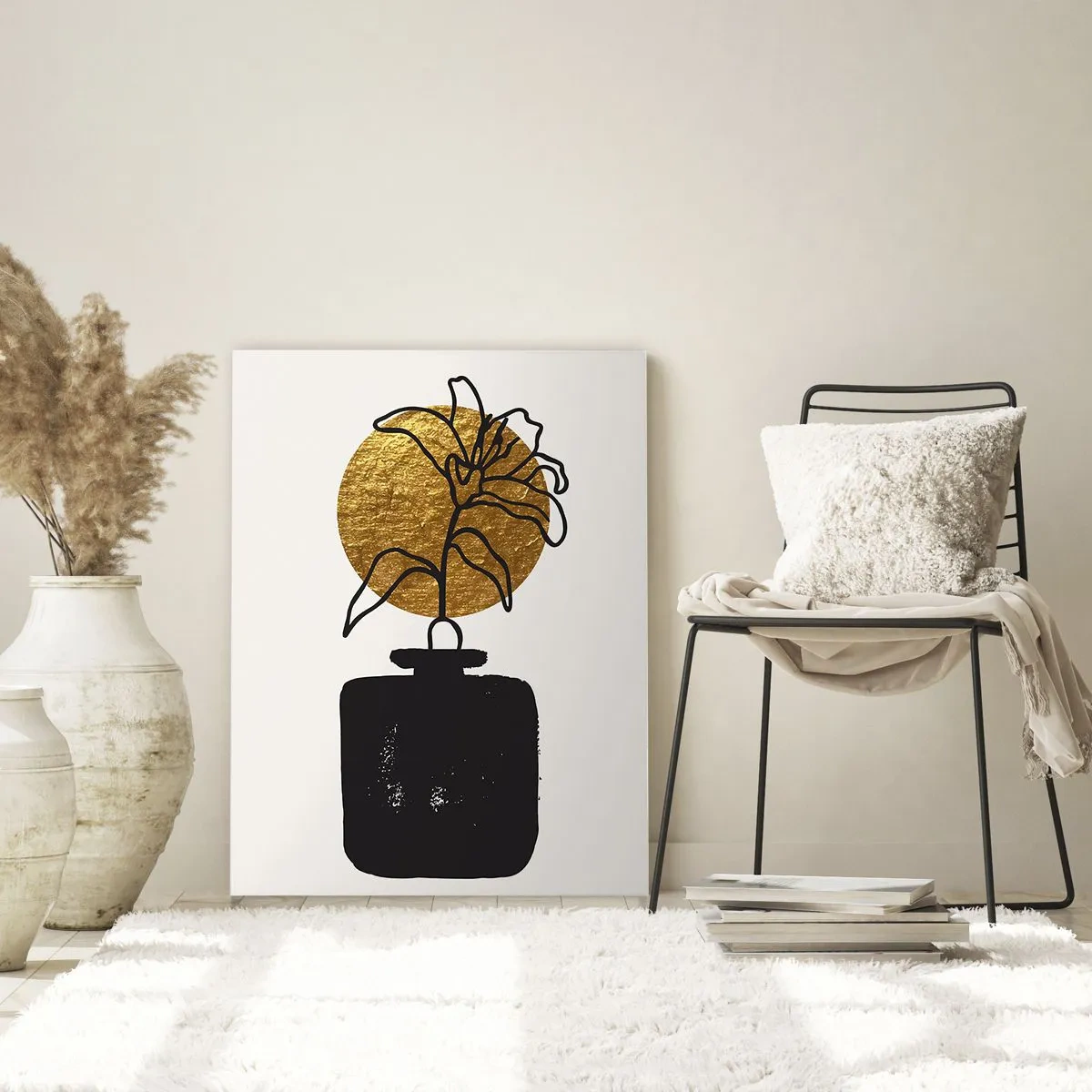Impression sur verre - Image sur verre - Un dessin d'une fleur dans un vase sur un fond de cercle doré - 70x100cm - La beauté vaut son pesant d'or - Décoration murale moderne pour le salon et la chambre ARTTOR