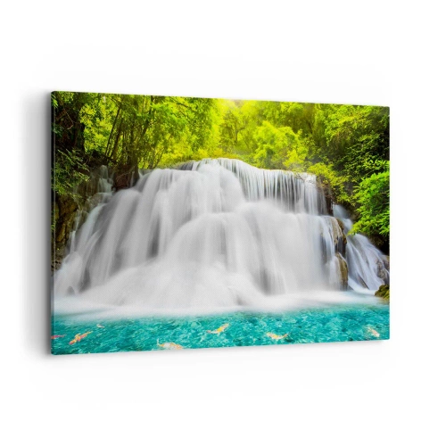 Impression sur toile - Image sur toile - Une cascade dans une forêt tropicale avec de l'eau turquoise - 120x80cm - Une cascade mousseuse du vert à l'azur - Décoration murale moderne pour le salon et la chambre ARTTOR