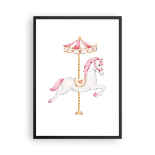Affiche dans un cadre noir - Poster - Un charmant cheval blanc sur un carrousel aux couleurs pastel - 50x70cm - Les sabots en avant - Décoration murale moderne pour le salon et la chambre ARTTOR