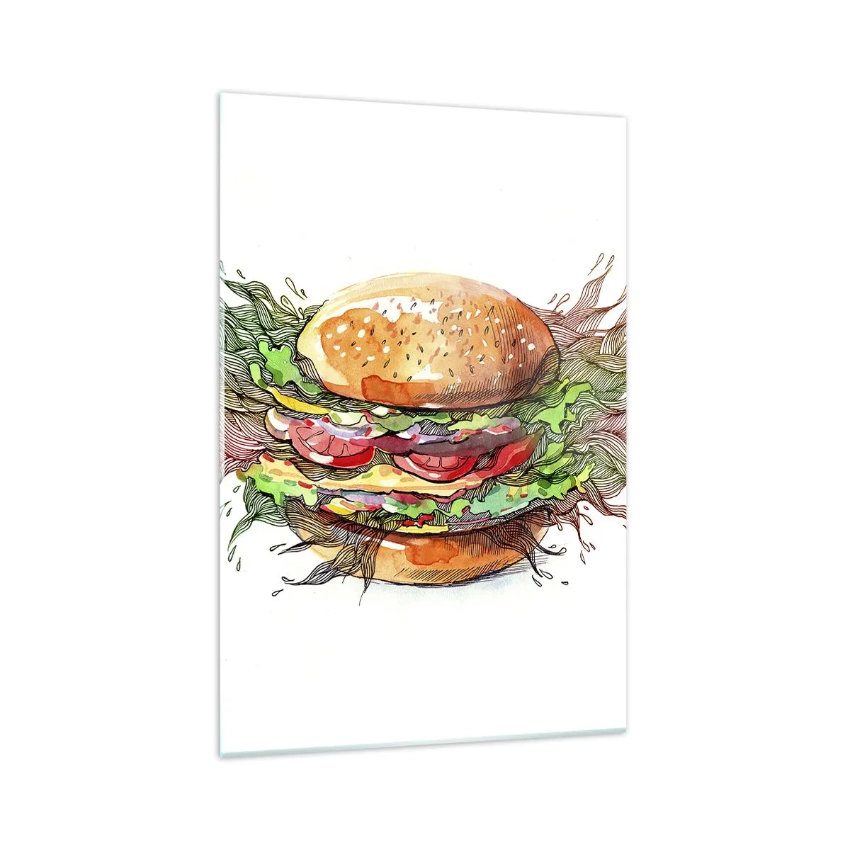 Impression sur verre - Image sur verre - Illustration artistique d'un burger avec des éléments dynamiques - 70x100cm - Tentation chaude - Décoration murale moderne pour le salon et la chambre ARTTOR
