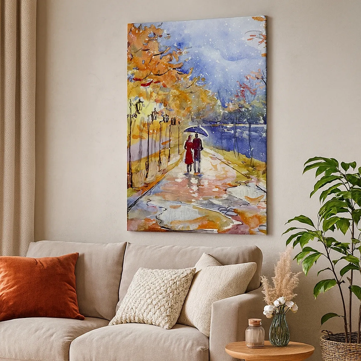 Impression sur toile - Image sur toile - Une promenade d'automne dans le parc au bord de la rivière sous un parasol - 50x70cm - Ensemble jusqu'au bout du temps - Décoration murale moderne pour le salon et la chambre ARTTOR