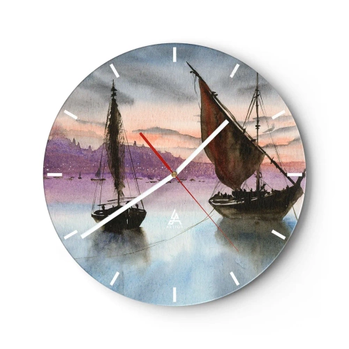 Horloge murale - Pendule murale - Voiliers sur l'eau au coucher du soleil - 30x30cm - Soirée au port - Décoration murale moderne pour le salon, la cuisine et la chambre ARTTOR