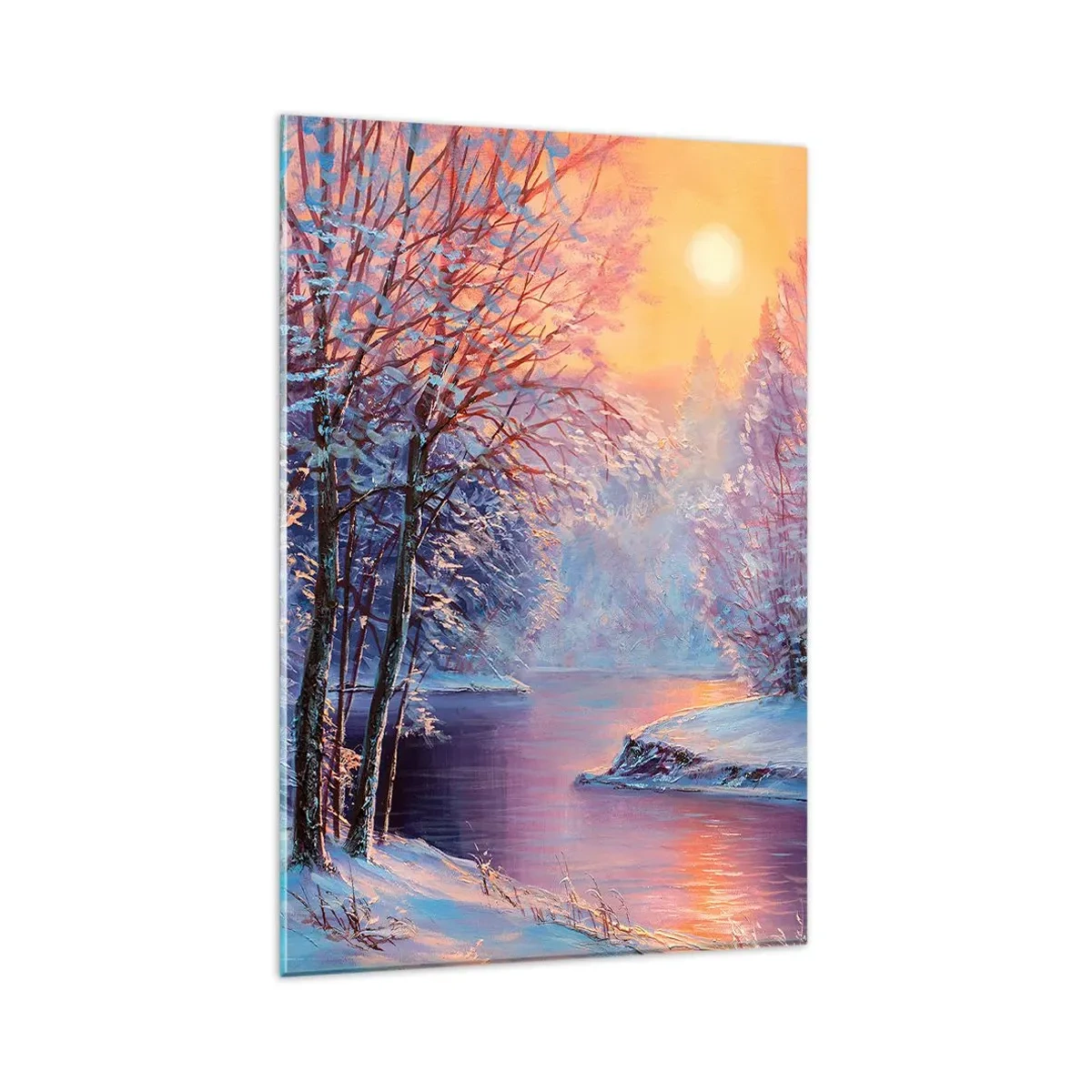 Impression sur verre - Image sur verre - Paysage d'hiver avec rivière et arbres au lever du soleil - 80x120cm - Couleurs d'hiver - Décoration murale moderne pour le salon et la chambre ARTTOR