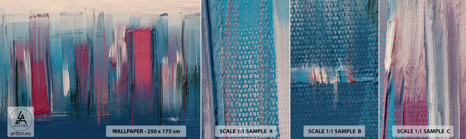 Échantillon de Papier Peint Premium Canvas - Composition verticale en bleu et rouge - Morceau, Abstraction, Peinture - 100x30 cm