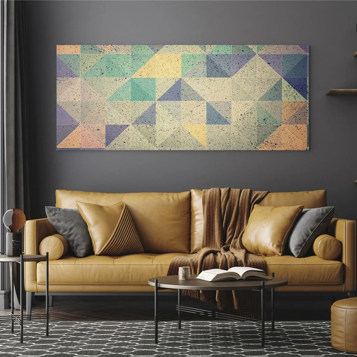 Impression sur verre - Image sur verre - Une composition colorée de triangles géométriques dans des tons pastel. - 160x50cm - République des triangles - Décoration murale moderne pour le salon et la chambre ARTTOR