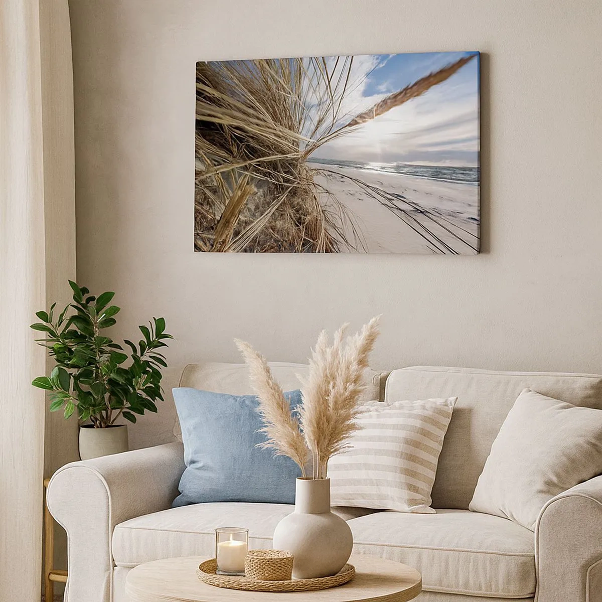 Impression sur toile - Image sur toile - Une plage avec de l'herbe sèche sur les dunes et une vue sur la mer - 70x50cm - Rencontre des éléments - Décoration murale moderne pour le salon et la chambre ARTTOR
