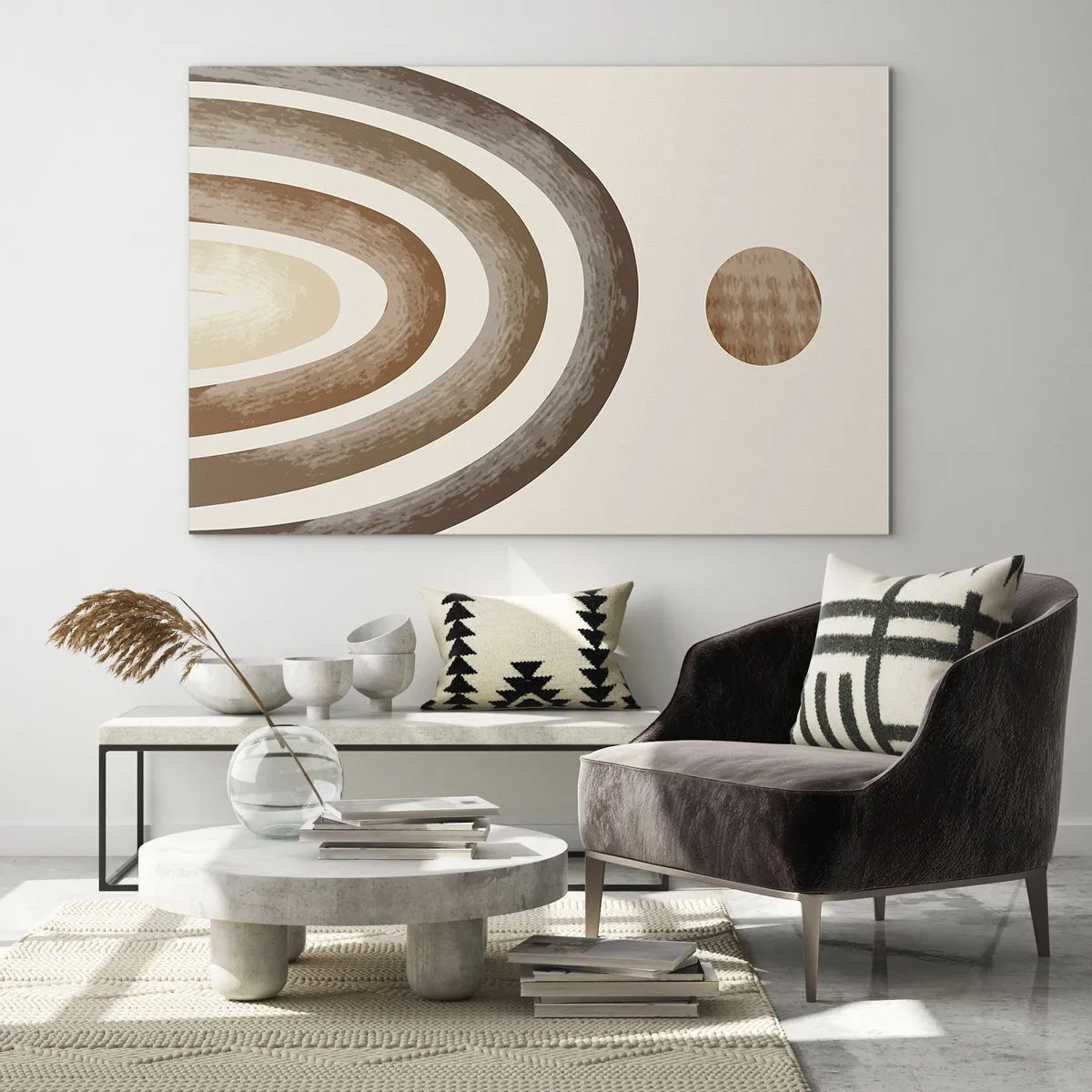 Impression sur verre - Image sur verre - Rayures et cercles abstraits dans des tons de marron - 120x80cm - Dans une galaxie lointaine - Décoration murale moderne pour le salon et la chambre ARTTOR