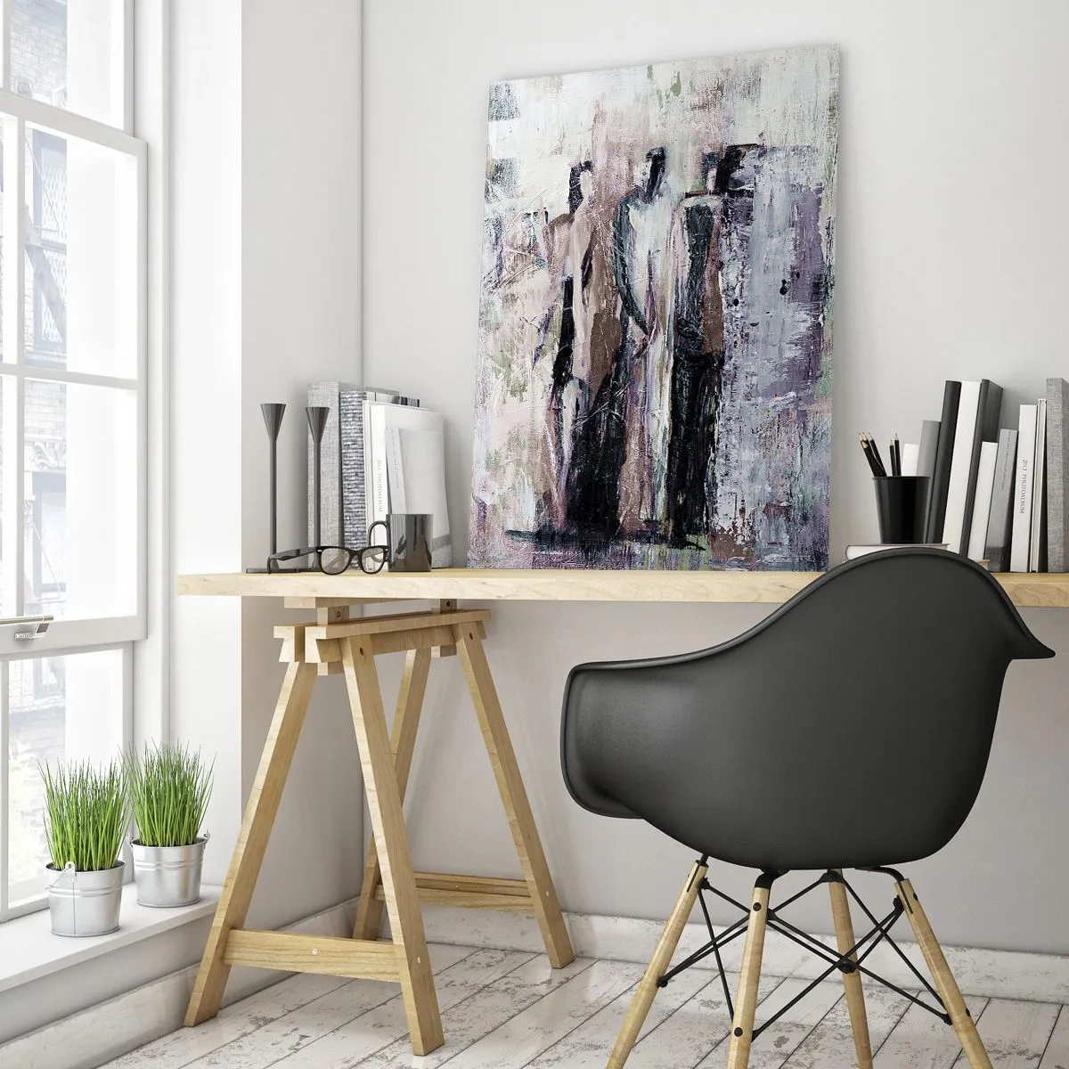 Impression sur verre - Image sur verre - Une composition abstraite avec trois personnages aux couleurs pastel. - 70x100cm - Les trois mystérieux - Décoration murale moderne pour le salon et la chambre ARTTOR