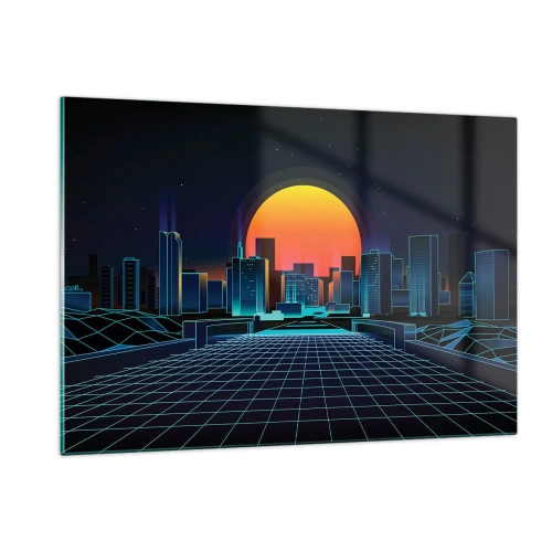 Impression sur verre - Image sur verre - Panorama de la ville futuriste avec coucher de soleil - 120x80cm - Vous voulez toujours passer au réel ? - Décoration murale moderne pour le salon et la chambre ARTTOR