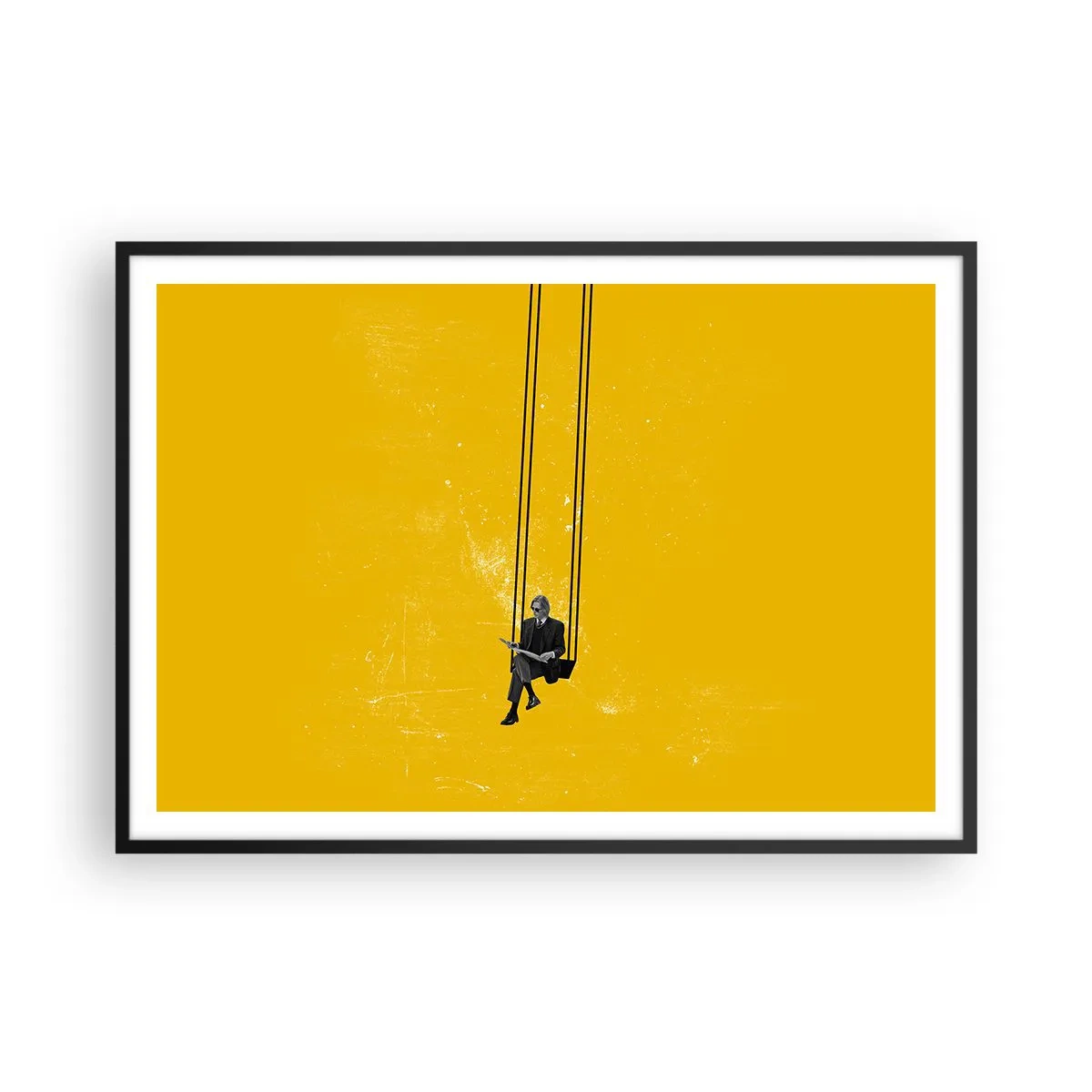 Affiche dans un cadre noir - Poster - Une personne sur une balançoire sur un fond jaune intense - 100x70cm - Un jour comme tous les jours - Décoration murale moderne pour le salon et la chambre ARTTOR