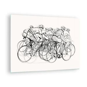 Impression sur verre - Image sur verre - Croquis d'un groupe de cyclistes lors d'une course sur fond blanc - 70x50cm - Ensemble en équipe - Décoration murale moderne pour le salon et la chambre ARTTOR