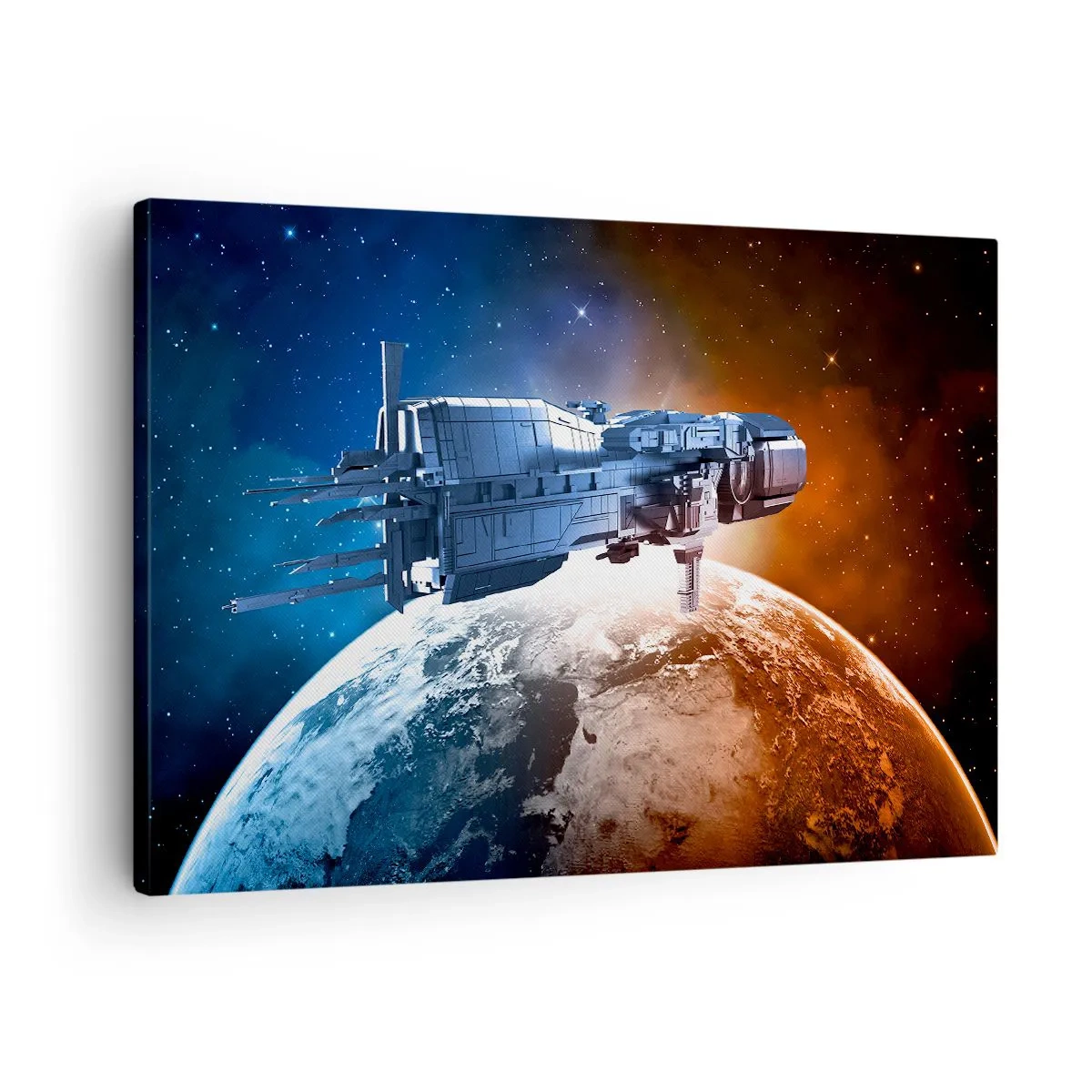 Impression sur toile - Image sur toile - Un vaisseau spatial avec en arrière-plan une planète dans l'espace - 70x50cm - Un observateur attentif - Décoration murale moderne pour le salon et la chambre ARTTOR