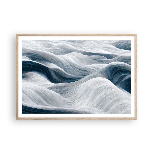 Affiche dans un chêne clair - Poster - Vagues blanches et bleues - 100x70 cm