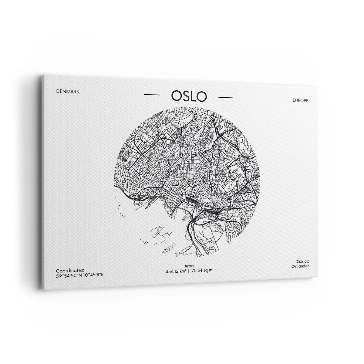 Impression sur toile - Image sur toile - Une carte d'Oslo dans un style minimaliste en noir et blanc. - 100x70cm - Anatomie d’Oslo - Décoration murale moderne pour le salon et la chambre ARTTOR