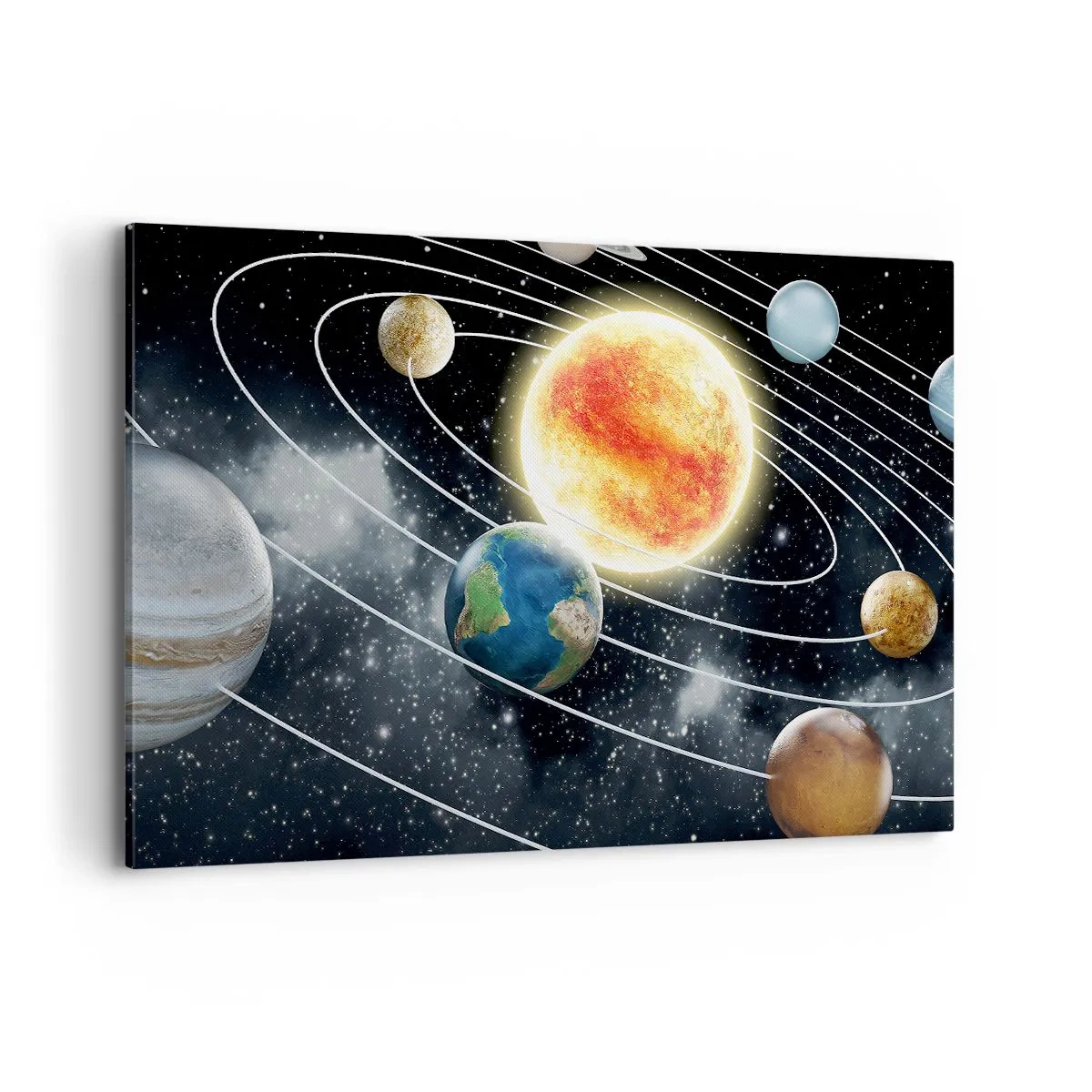 Impression sur toile - Image sur toile - Système solaire avec planètes et soleil dans l'espace - 120x80cm - Danse cosmique - Décoration murale moderne pour le salon et la chambre ARTTOR