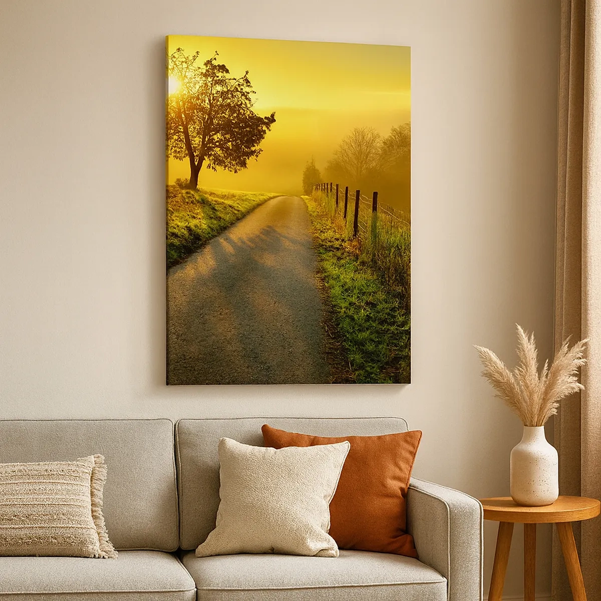 Impression sur toile - Image sur toile - Une route pittoresque au coucher du soleil avec un arbre solitaire en arrière-plan - 50x70cm - Après-midi de miel - Décoration murale moderne pour le salon et la chambre ARTTOR