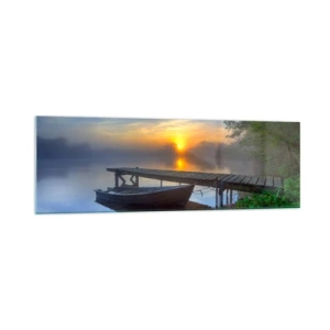 Impression sur verre - Image sur verre - Une jetée au bord du lac au lever du soleil avec un bateau sur le rivage - 160x50cm - Comment l'ordinaire se transforme en magie - Décoration murale moderne pour le salon et la chambre ARTTOR
