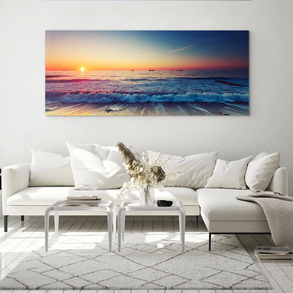 Impression sur verre - Image sur verre - Coucher de soleil sur une mer calme avec des vagues - 160x50cm - Mais quel horizon ? - Décoration murale moderne pour le salon et la chambre ARTTOR