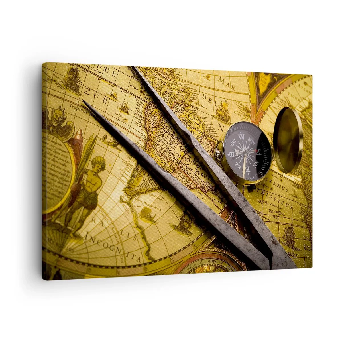 Impression sur toile - Image sur toile - Une carte du monde antique avec une boussole et un compas en arrière-plan - 70x50cm - Où sont ces trésors? - Décoration murale moderne pour le salon et la chambre ARTTOR