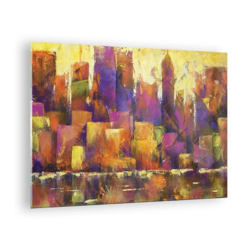 Impression sur verre - Image sur verre - Une métropole abstraite aux couleurs chaudes avec des accents de violet. - 70x50cm - Composition métropolitaine - Décoration murale moderne pour le salon et la chambre ARTTOR