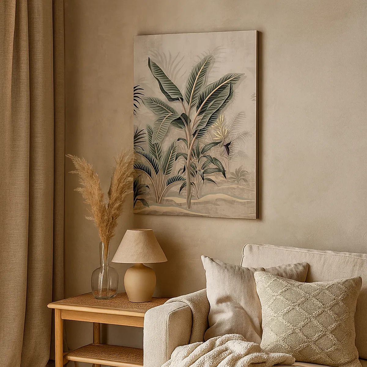 Impression sur toile - Image sur toile - Palmiers et végétation tropicale dans des tons verts sur fond beige - 50x70cm - Une gravure de style colonial - Décoration murale moderne pour le salon et la chambre ARTTOR