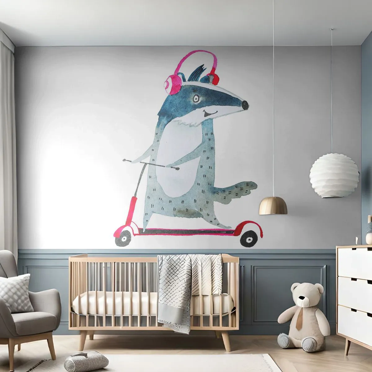 Papier Peint Photo Premium Sand - Blaireau portant des écouteurs conduisant un scooter - 100x70cm - La joie du blaireau - Décoration murale moderne pour le salon et la chambre ARTTOR