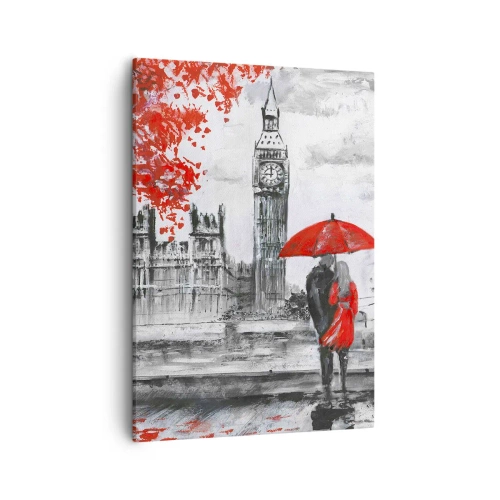 Impression sur toile - Image sur toile - Scène romantique avec Big Ben et un parapluie rouge - 50x70cm - Amoureux de Londres - Décoration murale moderne pour le salon et la chambre ARTTOR