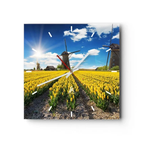 Horloge murale - Pendule murale - Un champ de tulipes jaunes avec des moulins à vent à l'horizon - 30x30cm - Ça ne pourrait pas être plus hollandais - Décoration murale moderne pour le salon et la chambre ARTTOR