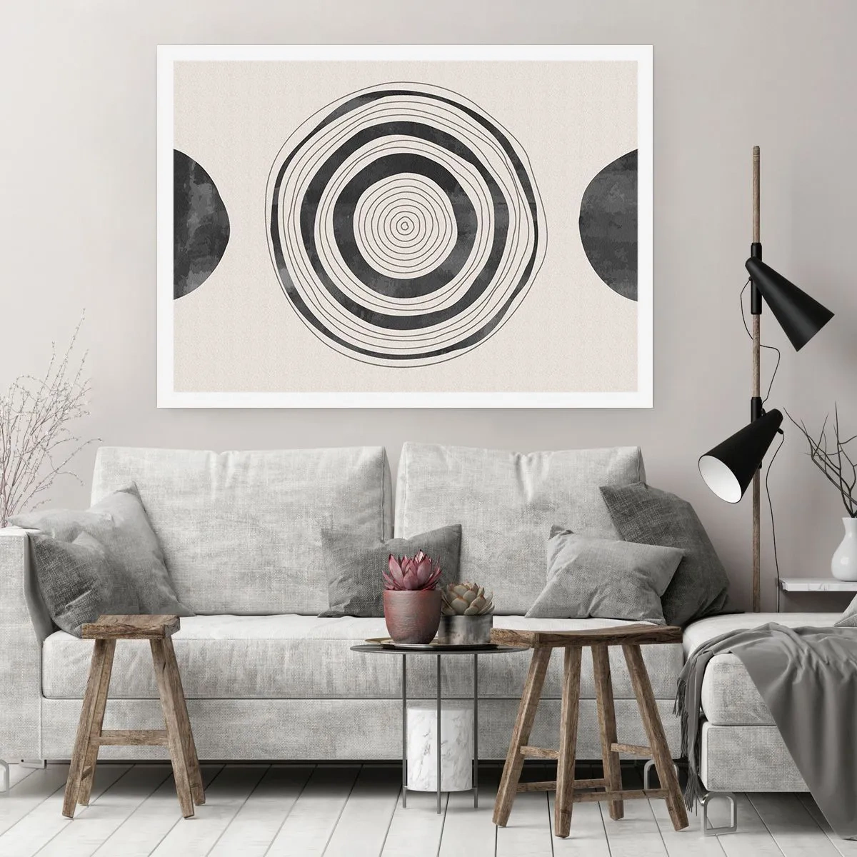 Affiche - Poster - Cercles minimalistes noirs et blancs sur fond clair - 100x70cm - Ce qui est important c'est ce qu'il y a entre les deux - Décoration murale moderne pour le salon et la chambre ARTTOR