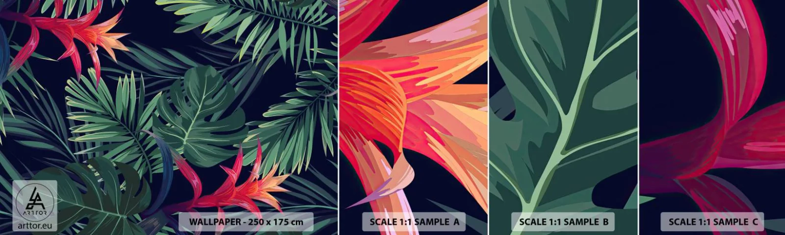 Échantillon de Papier Peint Autocollant Deluxe Sticker - immergé dans la nature - Fleurs, Plante tropicale, Feuilles de palmier - 100x30 cm