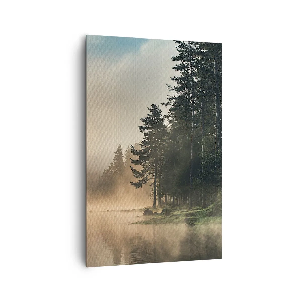 Impression sur toile - Image sur toile - Une forêt brumeuse sur un lac calme - 80x120cm - Naissance du jour - Décoration murale moderne pour le salon et la chambre ARTTOR