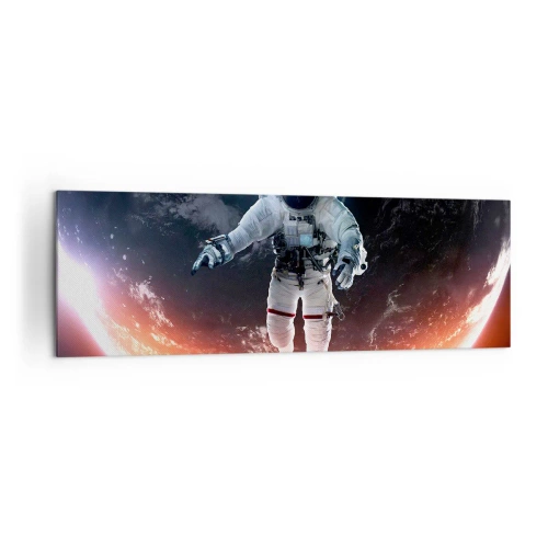 Impression sur toile - Image sur toile - Un astronaute flottant au-dessus d'une Terre éclairée par le soleil - 160x50cm - Puis-je rester un peu plus longtemps ? - Décoration murale moderne pour le salon et la chambre ARTTOR