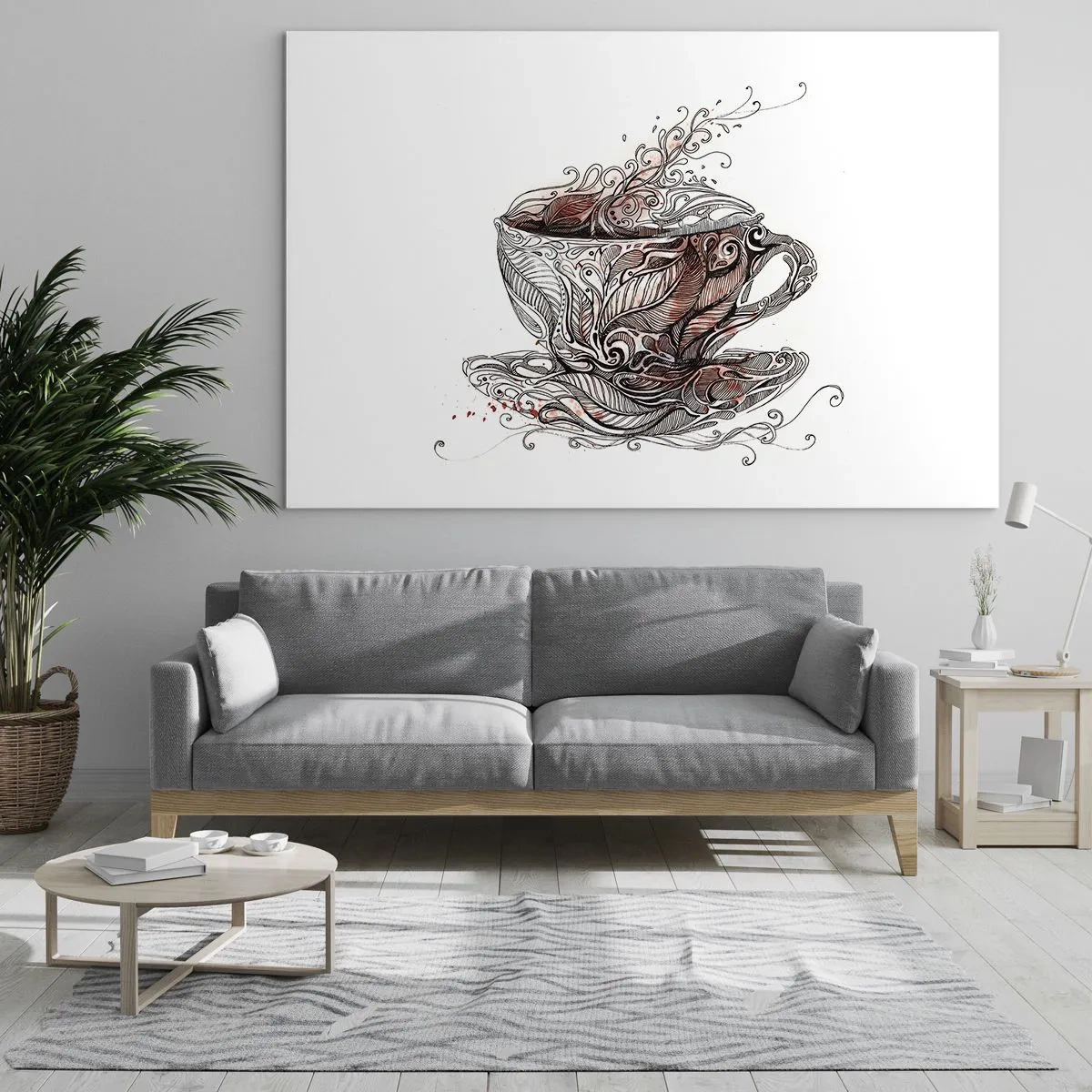 Impression sur verre - Image sur verre - Dessin artistique d'une tasse avec ornements et vapeur - 100x70cm - Du thé, bon pour tout - Décoration murale moderne pour le salon et la chambre ARTTOR