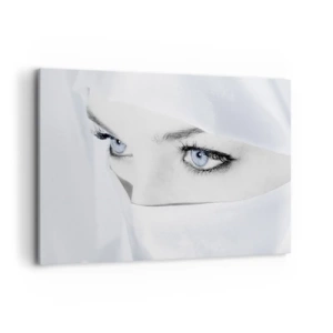 Impression sur toile - Image sur toile - Portrait d'une femme aux yeux bleus cachés derrière un voile blanc - 100x70cm - Directement des mille et une nuits - Décoration murale moderne pour le salon et la chambre ARTTOR