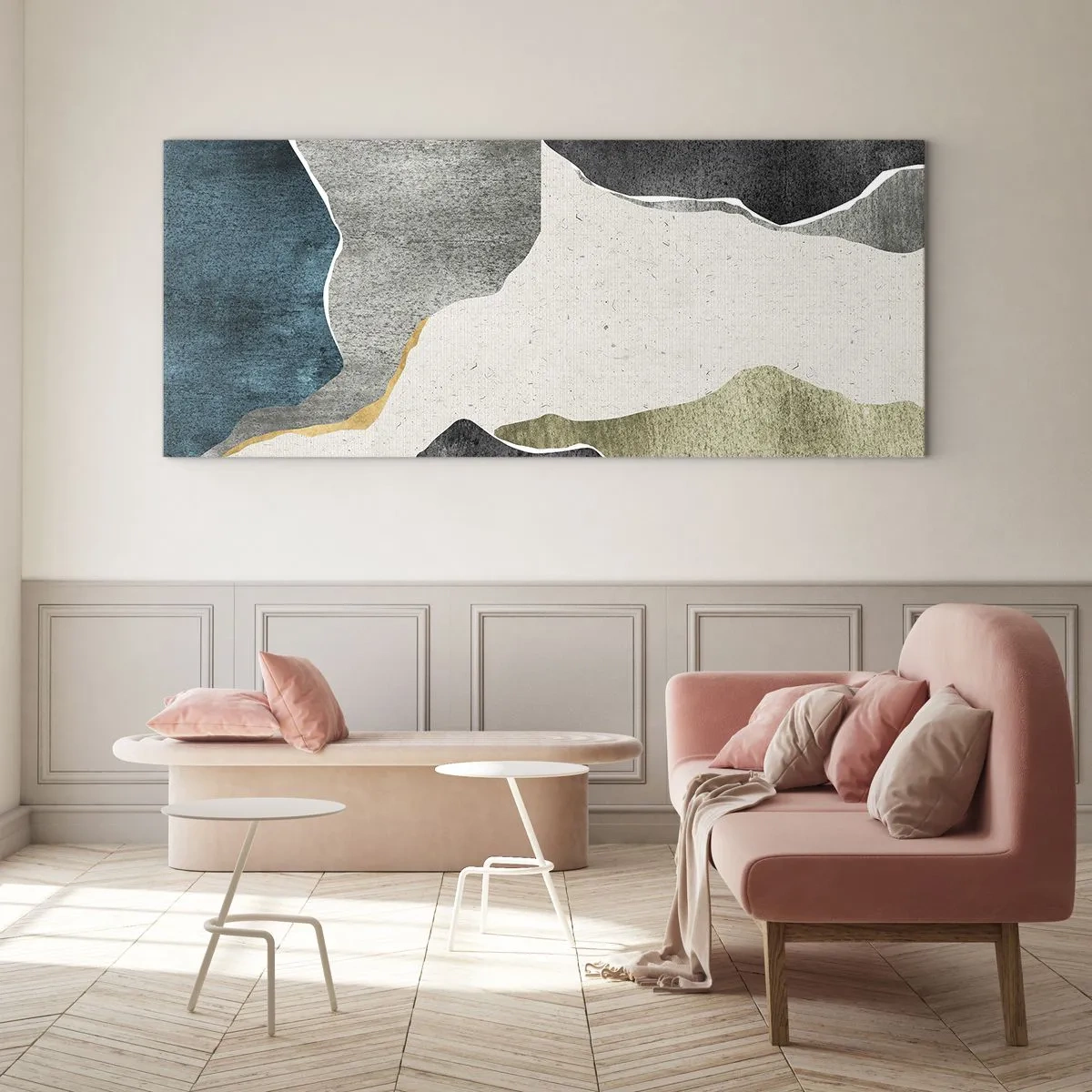 Impression sur verre - Image sur verre - Formes géométriques dans les tons de gris, vert et or - 140x50cm - Composition mosaïque avec un fil d'or - Décoration murale moderne pour le salon et la chambre ARTTOR