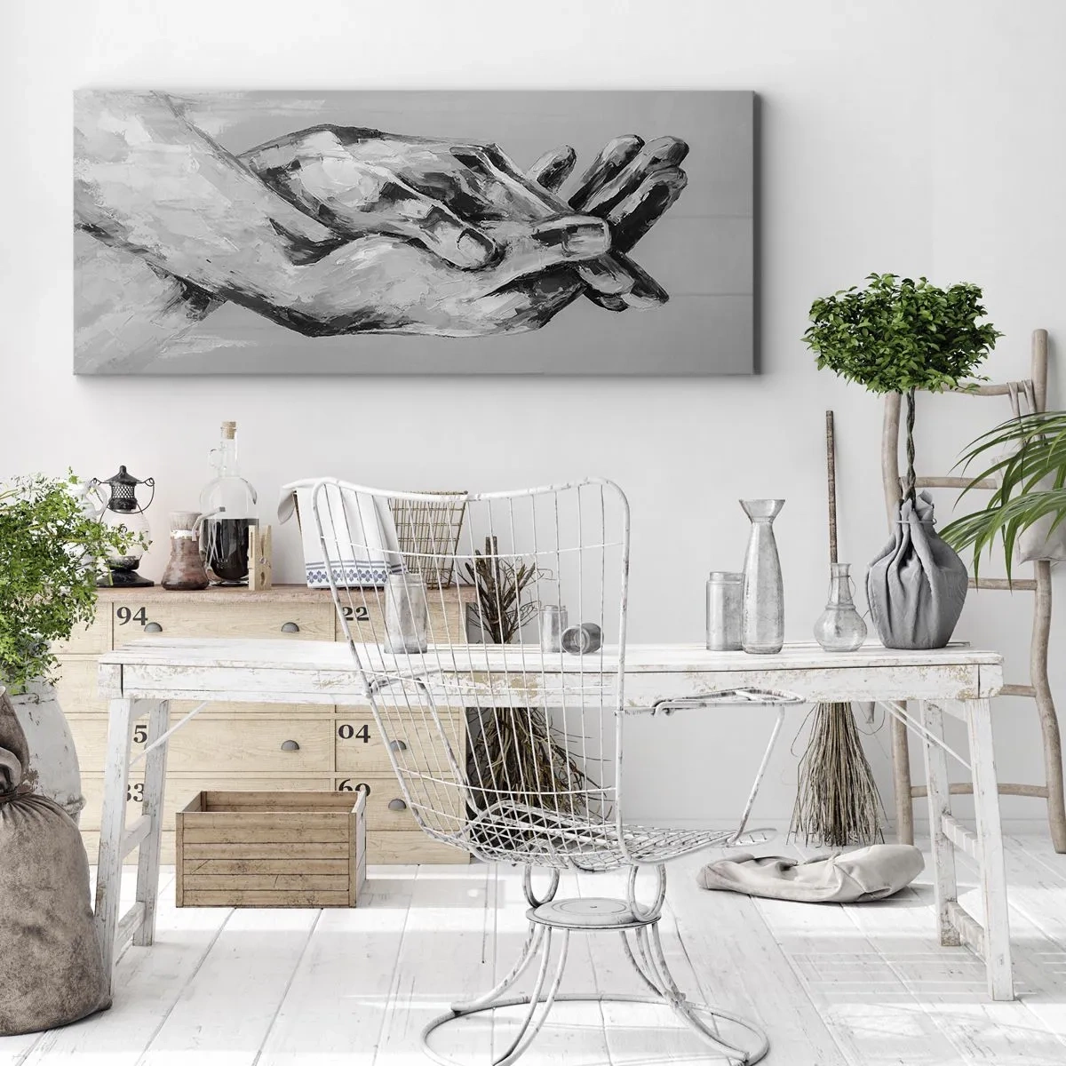 Impression sur toile - Image sur toile - Une composition en noir et blanc de deux mains jointes sur un fond clair. - 160x50cm - Début... - Décoration murale moderne pour le salon et la chambre ARTTOR