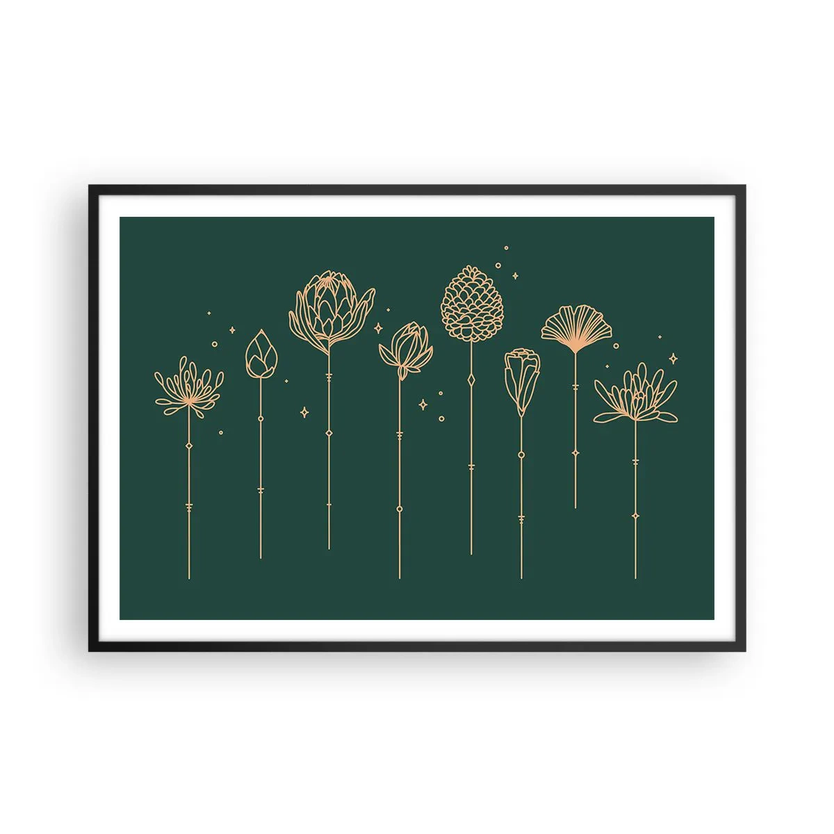 Affiche dans un cadre noir - Poster - Dessins dorés d'herbes sur fond vert foncé - 100x70cm - La famille Plante - Décoration murale moderne pour le salon et la chambre ARTTOR