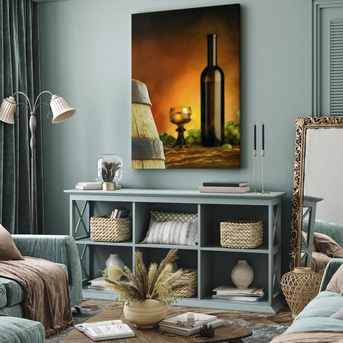 Impression sur toile - Image sur toile - Raisins sur un tonneau de vin avec une palette de couleurs chaudes en arrière-plan - 80x120cm - Nature morte avec une bouteille de vin et une grappe de raisin - Décoration murale moderne pour le salon et la chambre