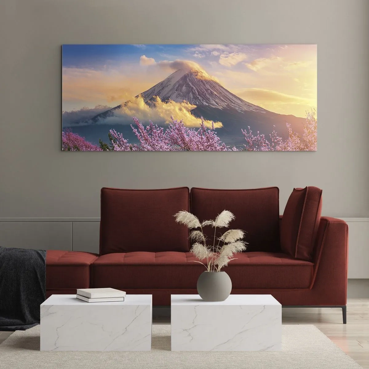 Impression sur verre - Image sur verre - Mont Fuji avec des cerisiers en fleurs en arrière-plan au coucher du soleil - 120x50cm - Sainteté japonaise - Décoration murale moderne pour le salon et la chambre ARTTOR