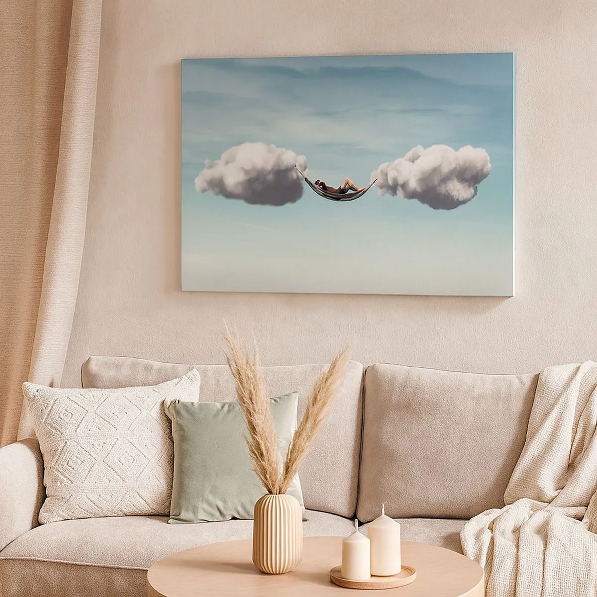 Impression sur toile - Image sur toile - Une personne se détendant dans un hamac suspendu dans les nuages - 70x50cm - Instant de bonheur - Décoration murale moderne pour le salon et la chambre ARTTOR